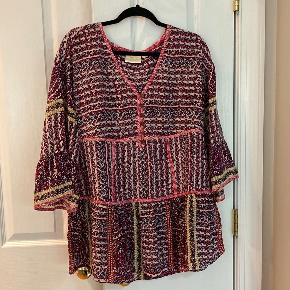 Maeve Multicolor Boho Printed V-Neck Peasant Blouse
